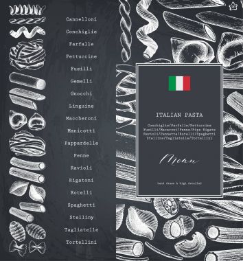 Geleneksel İtalyan makarna menü şablonu. Elle çizilmiş gıda kroki. Vintage kartı veya davetiye tasarımı kafe ya da restoran tasarımı için. Beyaz arka plan üzerinde özetliyor. Vektör çizim