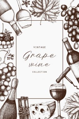 Vintage şarap kart. Şarap, gözlük, üzüm, şişe ile vektör çizim. Elle çizilmiş alkollü içki şablonu. Bar menü tasarımı