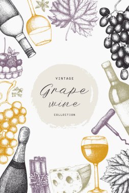 Vintage şarap kart. Şarap, gözlük, üzüm, şişe ile vektör çizim. Elle çizilmiş alkollü içki şablonu. Bar menü tasarımı