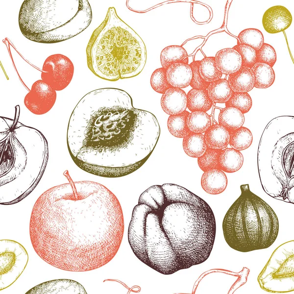 ビンテージのフルーツとベリーの背景 手描き収穫スケッチ 夏や秋のシームレスなパターン ベクトル図 — ストックベクタ