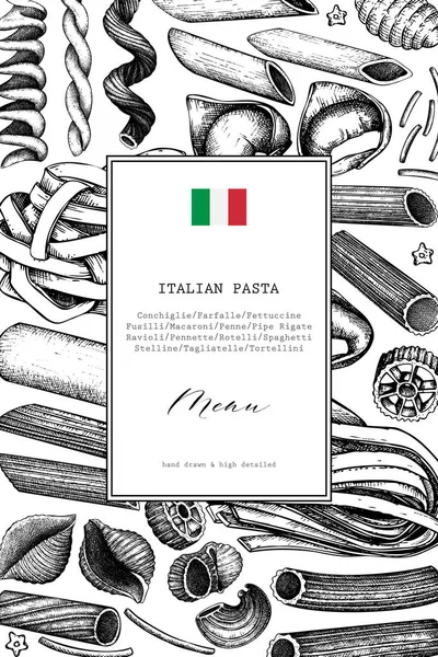 Menusjabloon Voor Met Traditionele Italiaanse Pasta Hand Getekende Voedsel Schets — Stockvector
