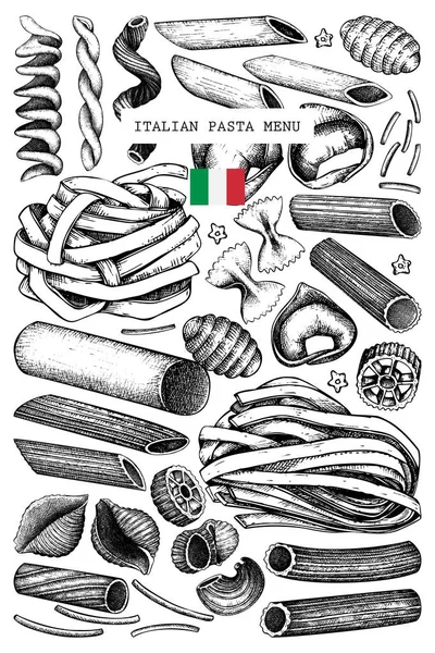 Plantilla Menú Vectorial Con Pasta Italiana Tradicional Dibujo Comida Dibujado — Archivo Imágenes Vectoriales