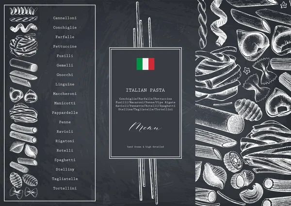Modelo Menu Com Massas Tradicionais Italianas Esboço Comida Desenhado Mão — Vetor de Stock