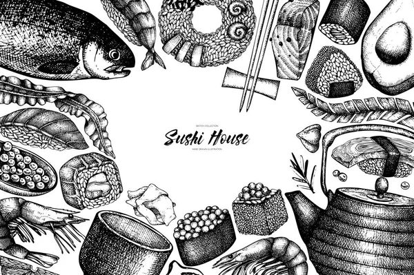 Diseño Menú Vectorial Con Ilustración Sushi Dibujado Mano Tinta Plantilla — Archivo Imágenes Vectoriales