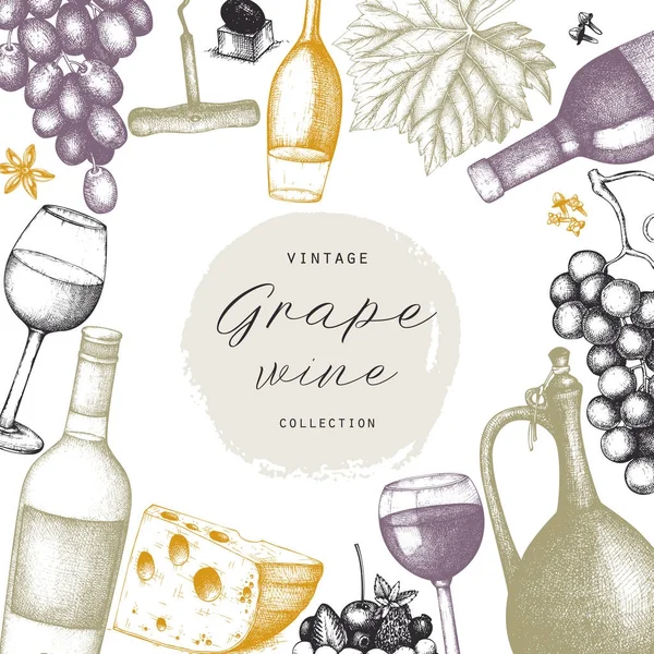 Vintage wine card. Vector illustration with wine glasses, grapes, bottles. Hand drawn alcoholic drink template. Bar menu design