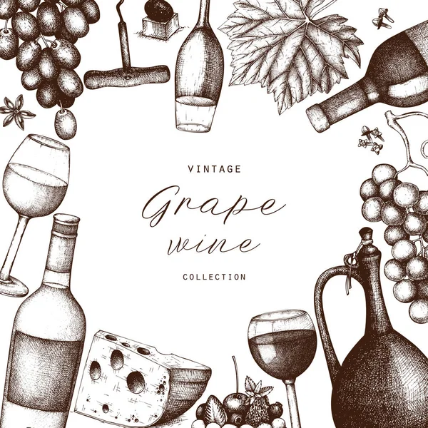 Carte Vin Vintage Illustration Vectorielle Avec Verres Vin Raisins Bouteilles — Image vectorielle