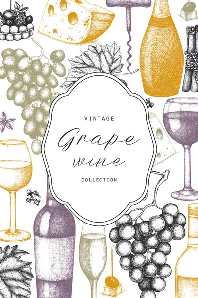 Vintage Şarap Kart Şarap Gözlük Üzüm Şişe Ile Vektör Çizim — Stok Vektör