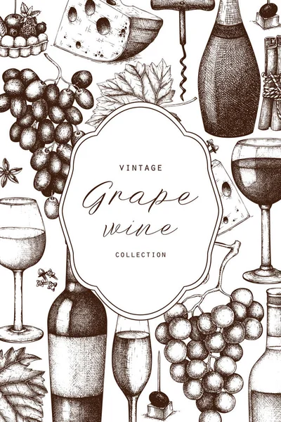 Cartão Vinho Vintage Ilustração Vetorial Com Copos Vinho Uvas Garrafas — Vetor de Stock