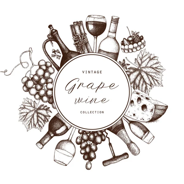 Carte Vin Vintage Illustration Vectorielle Avec Verres Vin Raisins Bouteilles — Image vectorielle