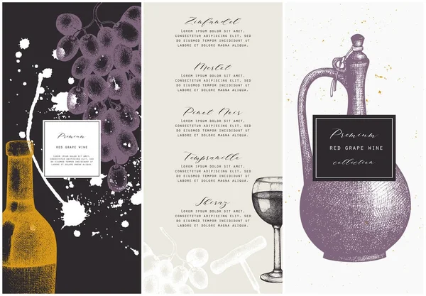 ビンテージ ワイン一覧 ワイングラス ブドウ ボトルのベクトル図 手描きのアルコール飲料のテンプレートです バーのメニュー設計 — ストックベクタ
