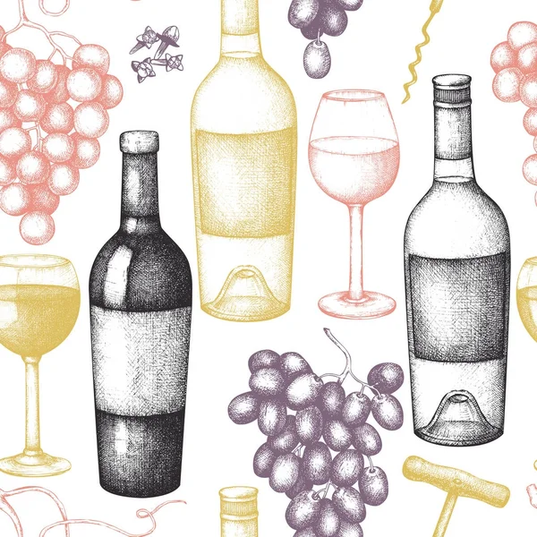 Φόντο Κρασιού Vintage Διακοσμητικά Απεικόνιση Ποτήρι Κρασί Σταφύλια Μπουκάλι Χέρι — Διανυσματικό Αρχείο