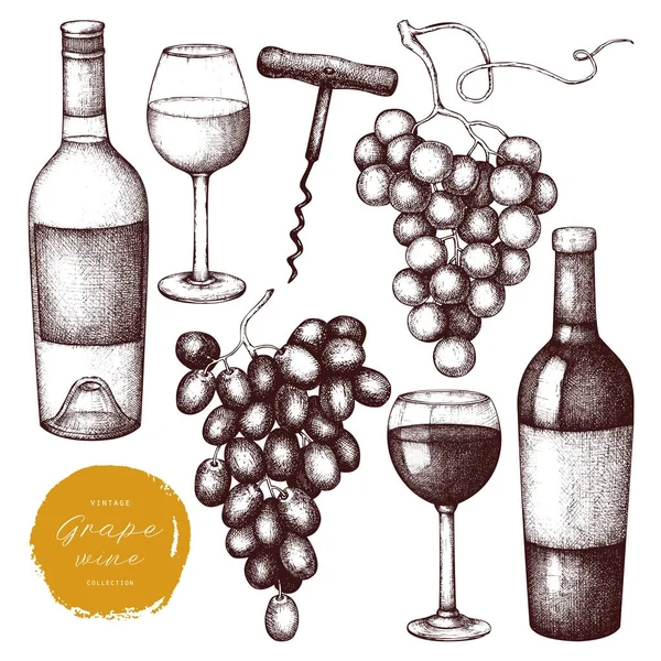 Vintage Grape Wine Set Vector Illustration Wine Glass Grapes Bottle — Stock Vector