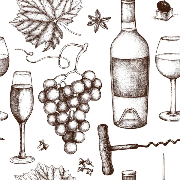 Vintage Wijn Achtergrond Decoratieve Afbeelding Met Glas Wijn Druiven Fles — Stockvector