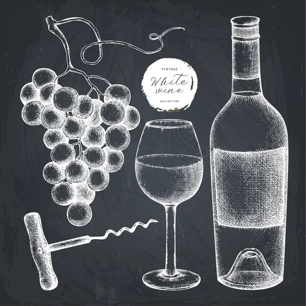 Set Vino Uva Vintage Ilustración Vectorial Con Copa Vino Uvas — Vector de stock