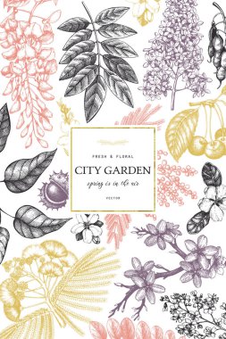 Çiçek açması ağaçlar illüstrasyon vektör kartı tasarım el ile çizilmiş. Bahar çiçek koleksiyonu kroki. Düğün davet şablonu