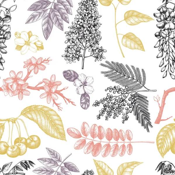 Векторный Фон Рисунком Цветущих Деревьев Коллекция Весенних Цветов Цветочный Бесшовный — стоковый вектор