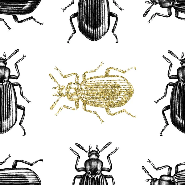 Fond Doré Scarabée Noir Modèle Sans Couture Avec Des Insectes — Image vectorielle