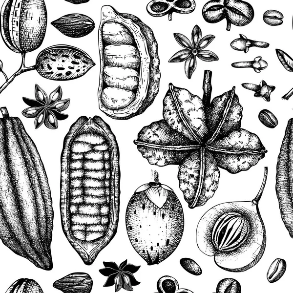 带滋补和辛辣植物的手工绘制无缝图案 — 图库矢量图片
