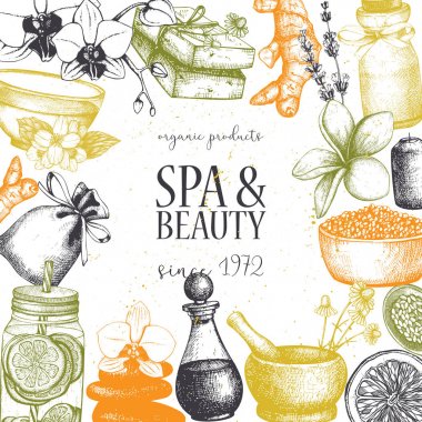 Vintage çerçeve rengi ile çizilmiş Spa ve güzellik ürünleri, vektör çizim ver. Vintage kozmetik ve aromatik maddeler arka plan.