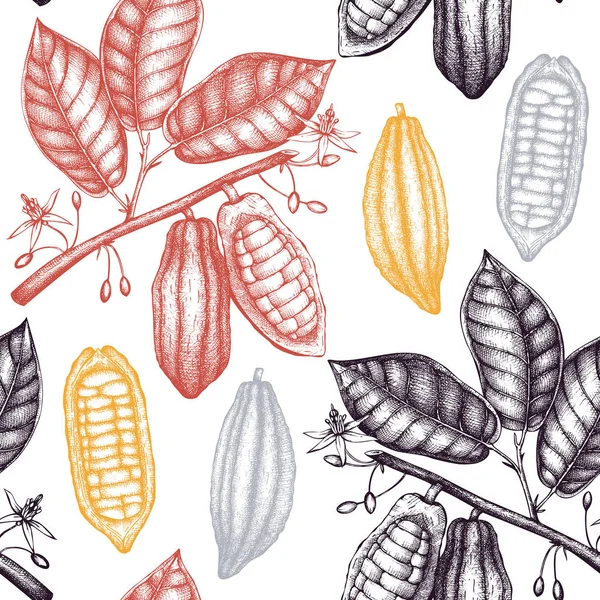 Cocoa Árvore Vintage Fundo Com Folhas Desenhadas Mão Flores Frutas —  Vetores de Stock