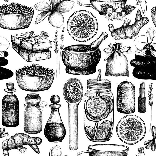 Motif Sans Couture Avec Dessiné Main Spa Cosmétiques Beauté Illustration — Image vectorielle