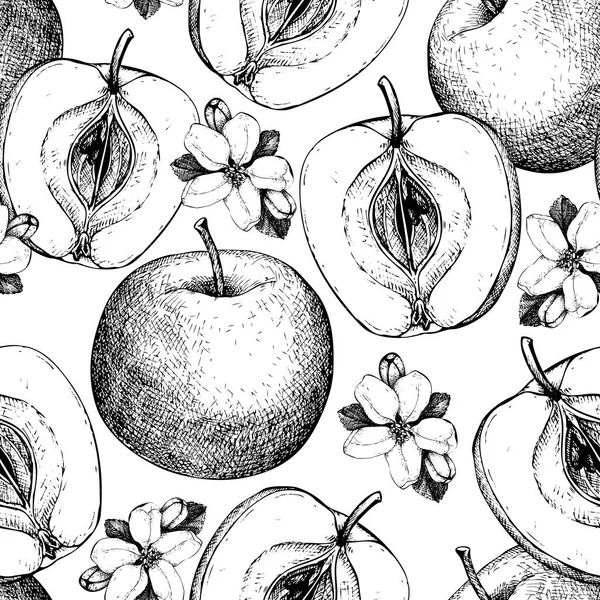 手工绘制的苹果和苹果开花无缝模式 — 图库矢量图片