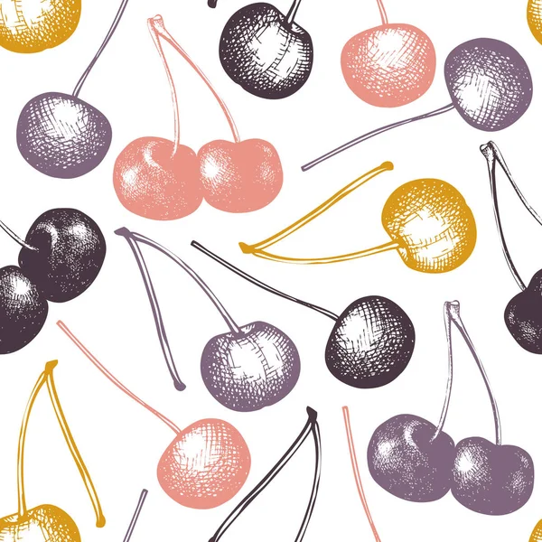 Hand Drawn Seamless Pattern Cherries White Background — Stock Vector