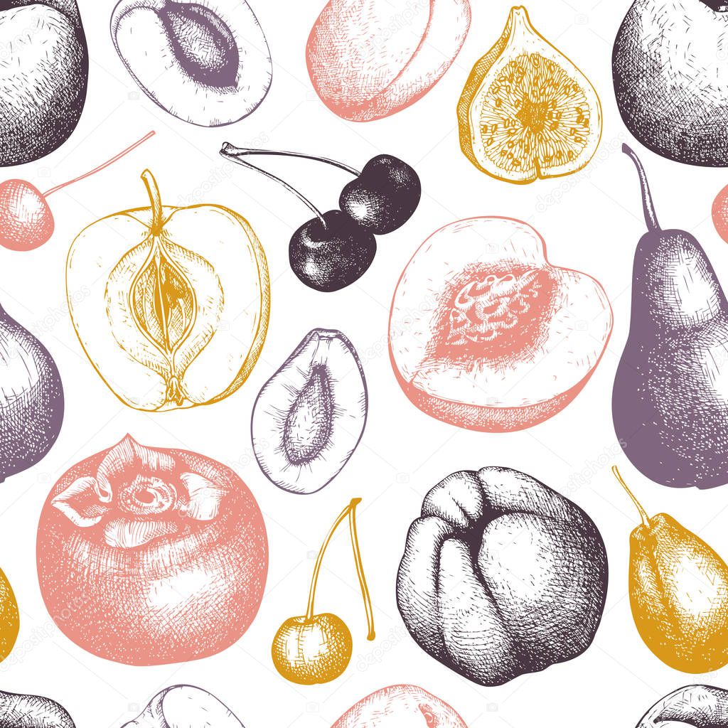 Seamless pattern with different kinds of fruits on white background