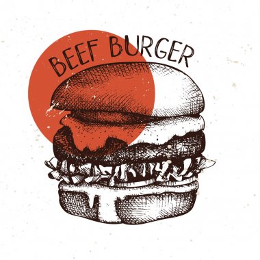 Elle çizilmiş burger kroki. Hamburger vektörel çizimler. Fast food tasarım şablonu.
