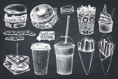 Sokak gıda festival menü. Vintage kroki koleksiyonu. Fast food ayarlayın. Oyulmuş tarzı tasarım. Kara tahta çizim vektör içki
