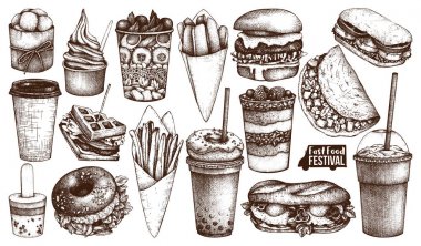 Sokak gıda festival menü. Vintage kroki koleksiyonu. Fast food ayarla logo, simge, etiket, ambalaj, afiş tasarımı için.