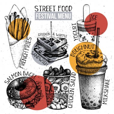Sokak gıda festival menü. Vintage kroki koleksiyonu. Fast food ayarlayın. Patates kızartması, gözleme, yoğurt buz, simit, milkshake, Tavuk salatası, halka çizimler vektör.