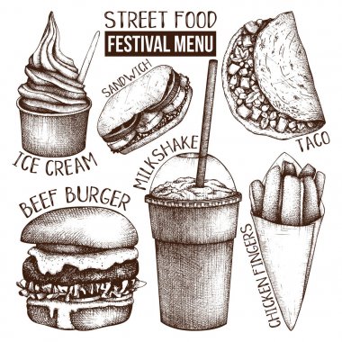 Sokak gıda festival menü. Vintage kroki koleksiyonu. Fast food ayarlayın. Vektör dondurma, burger, milkshake, tavuk kanatları, sandviç, Taco çizimler. Gravür tarzı resimler.