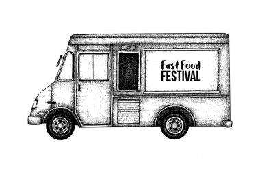Vintage gıda kamyon kroki. Vektör logosu, simge, etiket, ambalaj, poster için şablon. Fast food festival menü tasarımı