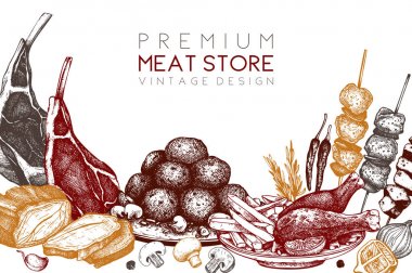 Gıda gösterim amacıyla afiş, logo, ambalaj, davetiye tasarım vektör çerçeve el ile çizilmiş. Restoran Menü. Et ürünleri koleksiyonu. Vintage şablonu.