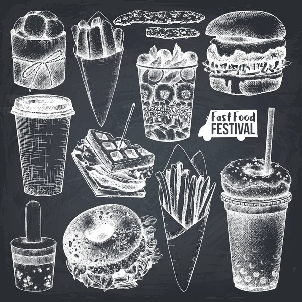 Sprzedawcy Uliczni Menu Festiwalowe Kolekcja Vintage Szkicu Fast Food Tablica — Wektor stockowy