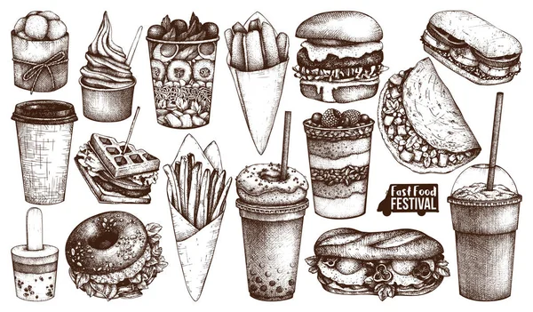 Street Food Festival Menü Vintage Sketch Collection Fastfood Set Für — Stockvektor