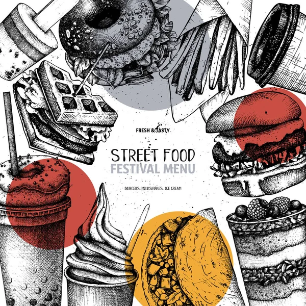 Sprzedawcy Uliczni Menu Festiwalowe Tablicy Kolekcja Vintage Szkicu Fast Food — Wektor stockowy