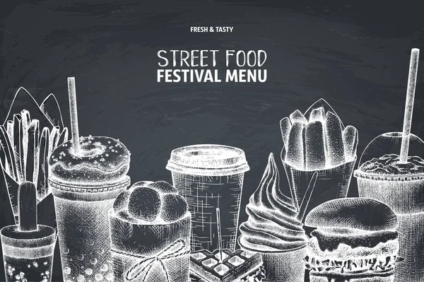 Streetfood Festival Menü Auf Der Tafel Vintage Sketch Collection Fast — Stockvektor