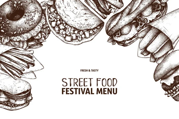 Sokak Gıda Festival Menü Vintage Kroki Koleksiyonu Fast Food Tarzı — Stok Vektör