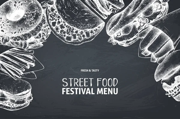 Street Food Festival Menü Vintage Sketch Collection Fast Food Design — Stockvektor