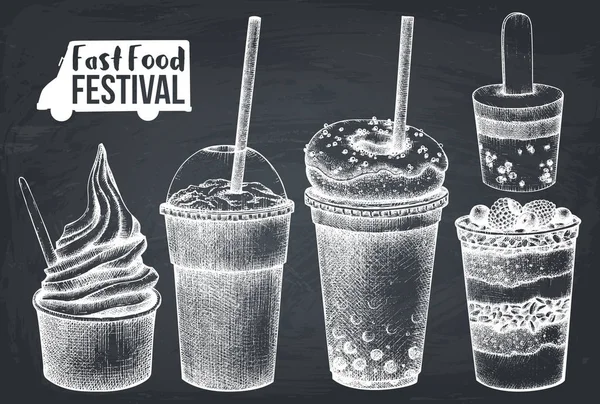 Sokak Gıda Festival Menü Vintage Kroki Koleksiyonu Fast Food Ayarlayın — Stok Vektör