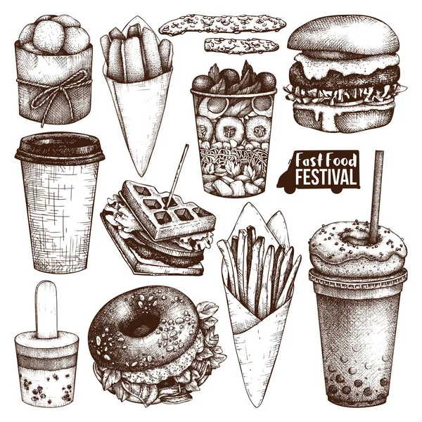街头美食节菜单 复古素描收藏 快餐套装 雕刻风格设计 矢量饮料绘图 用于标识 — 图库矢量图片
