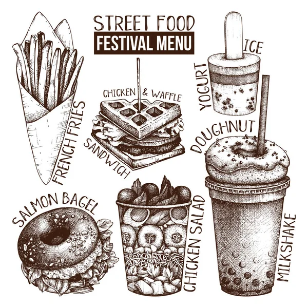 Street Food Festival Menü Vintage Sketch Collection Fast Food Set — Stockvektor