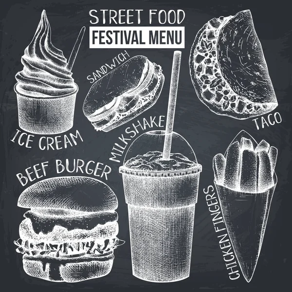 Sokak Gıda Festival Menü Vintage Kroki Koleksiyonu Fast Food Kara — Stok Vektör