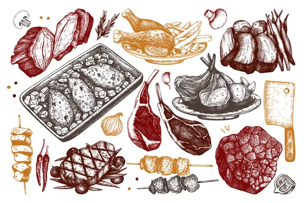 Collection Vectorielle Illustrations Aliments Dessinés Main Menu Restaurant Ensemble Produits — Image vectorielle