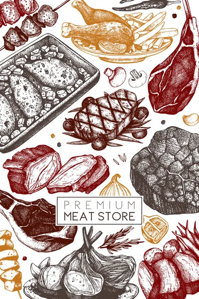 Vektorrahmen Mit Handgezeichneten Lebensmittelillustration Draufsicht Design Restaurantkarte Fleischprodukte Sammeln Jahrgangsvorlage — Stockvektor