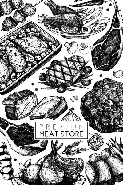 矢量框架与手工绘制食品插图 顶部视图设计 餐厅菜单 肉类产品的收藏 老式模板 — 图库矢量图片