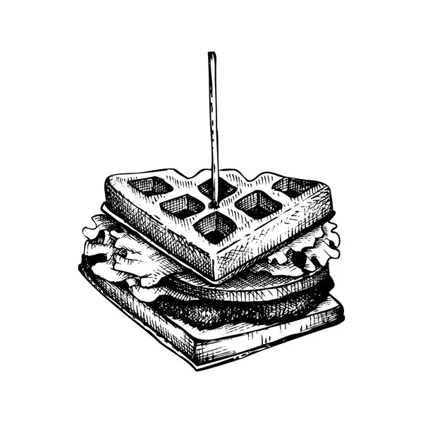 Esboço Sanduíche Frango Waffle Desenhado Mão Ilustrações Vetoriais Vintage Modelo —  Vetores de Stock