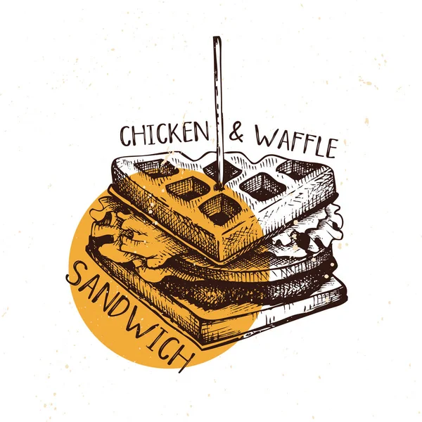 Ręcznie Rysowane Kurczaka Wafel Sandwich Szkicu Ilustracje Wektorowe Vintage Szablon — Wektor stockowy